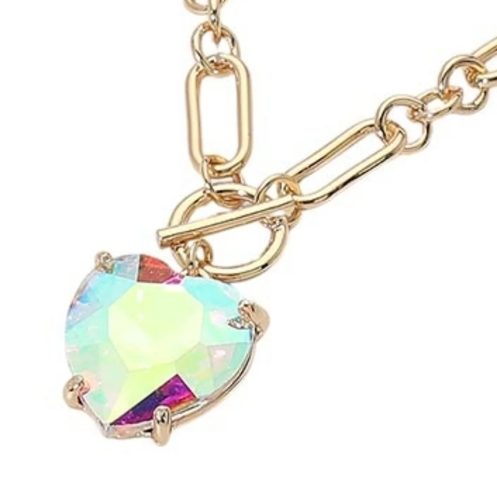 Gold Ab Heart Toggle Paperclip Link Crystal Pendant Necklace Jewelry Chain